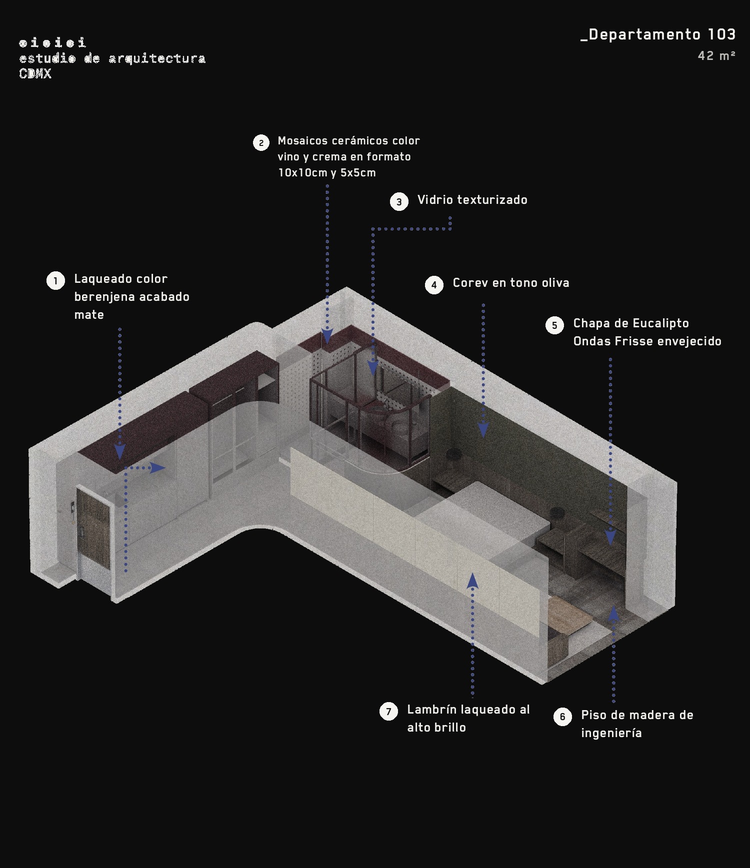 Colima 407 — Depto 103, planta ambientada de acabados · 42 m²