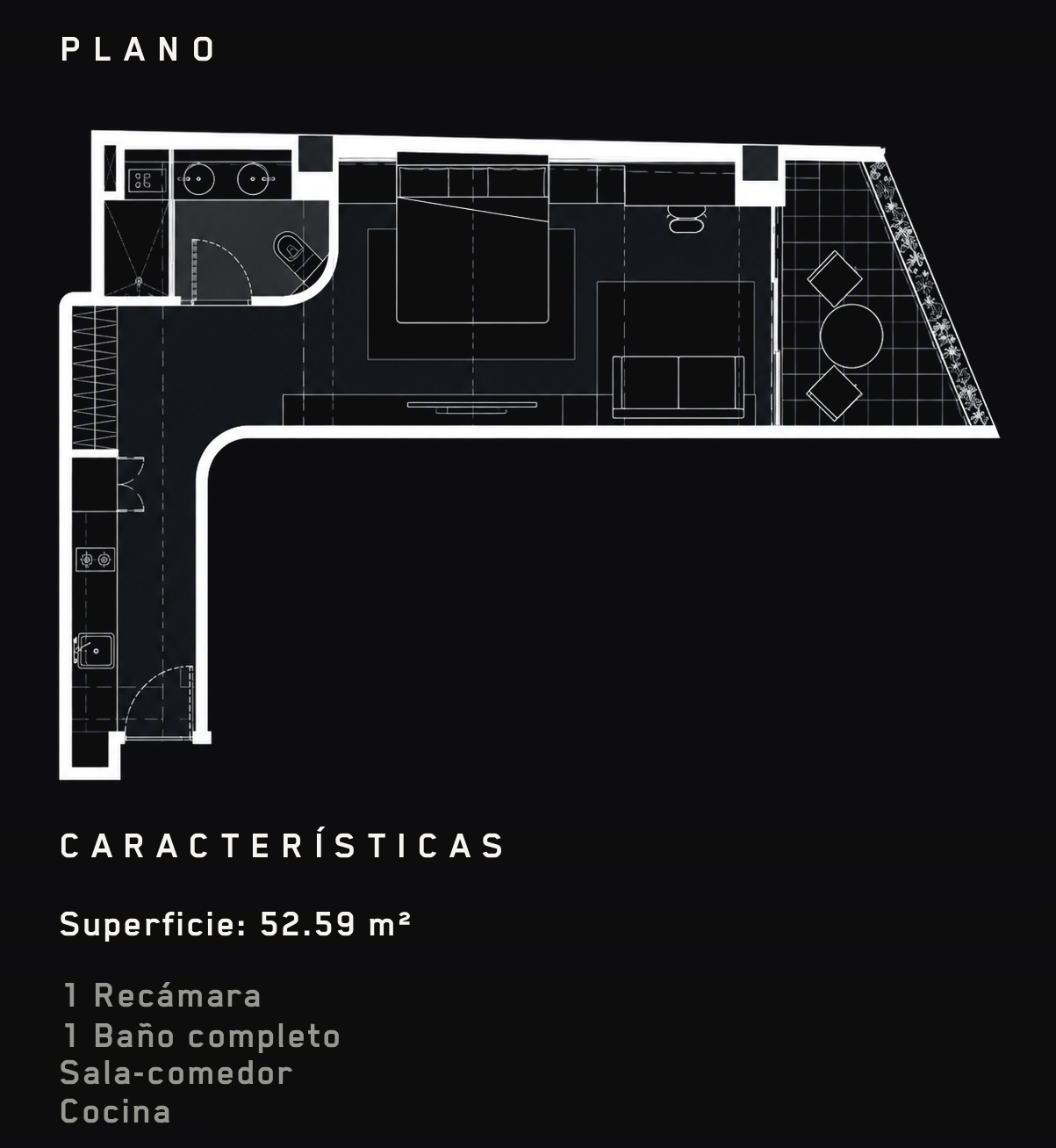 Colima 407 — Plano arquitectónico, tipología 52.59 m² (Deptos 303 y 403)