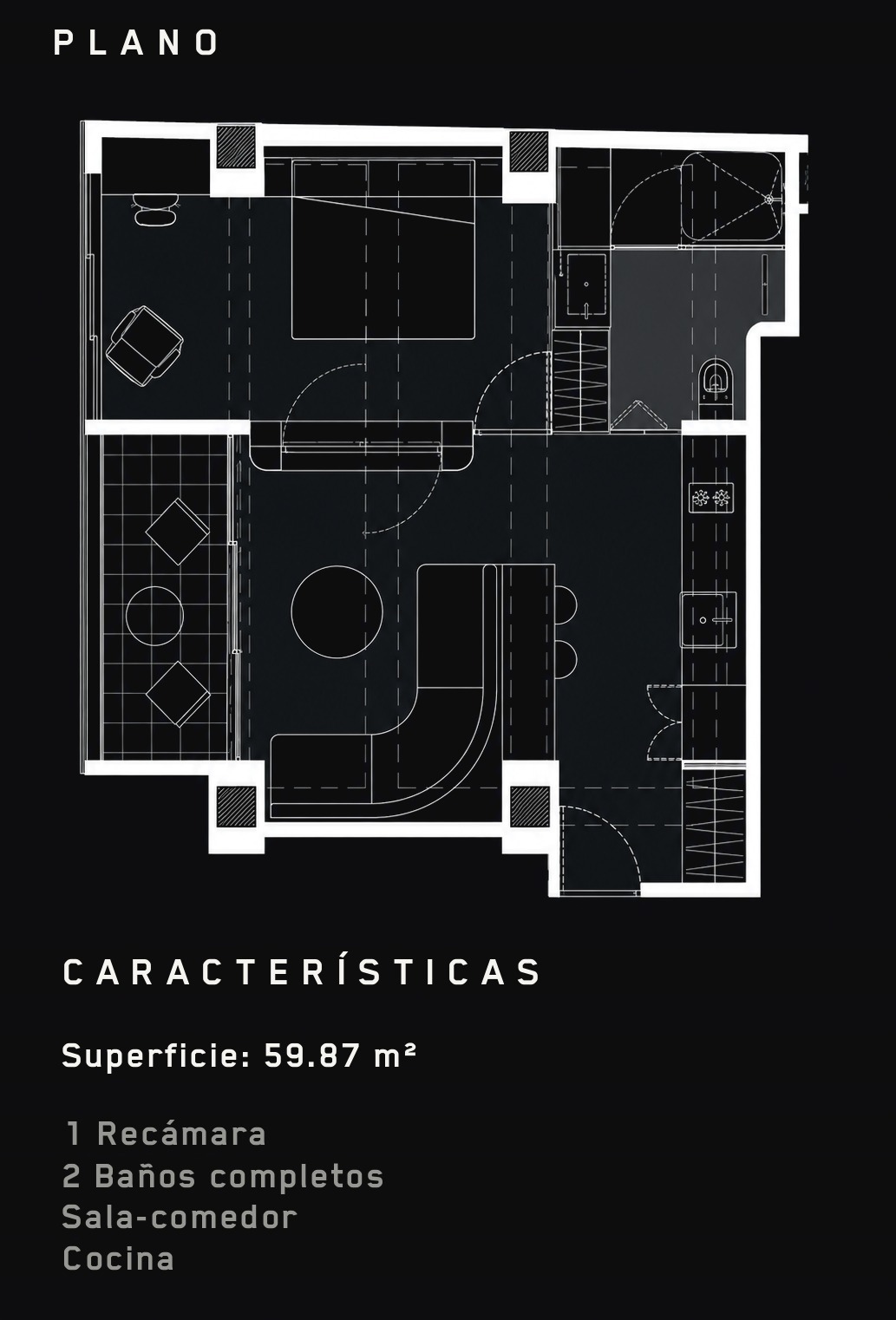 Colima 407 — Plano arquitectónico, tipología 59.87 m² (Deptos 304 y 404)