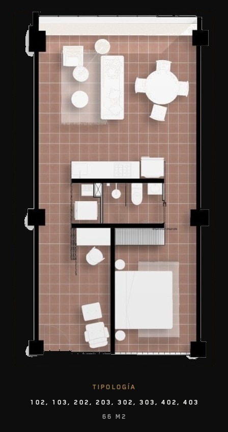 Tipología 102, 103, 202, 203, 302, 303, 402, 403 — 66 m²
