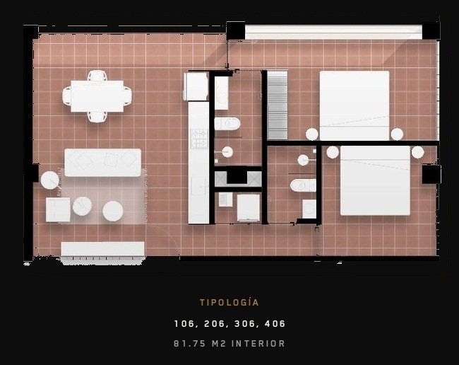 Tipología 106, 206, 306, 406 — 81.75 m² interior