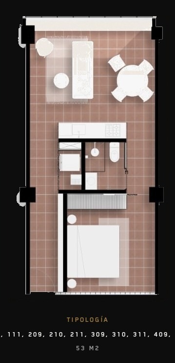 Tipología 109, 110, 111, 209, 210, 211, 309, 310, 311, 409, 410, 411 — 53 m²